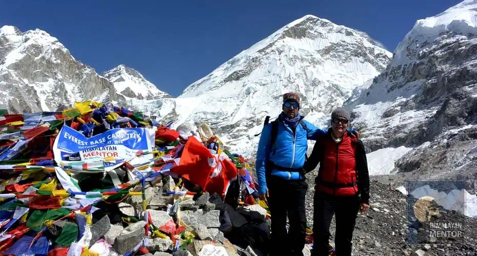 The climbers are at Everest base camp, before summiting the Island peak
