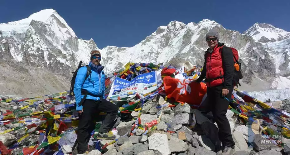 Taking a photograph at Everest base camp with banner