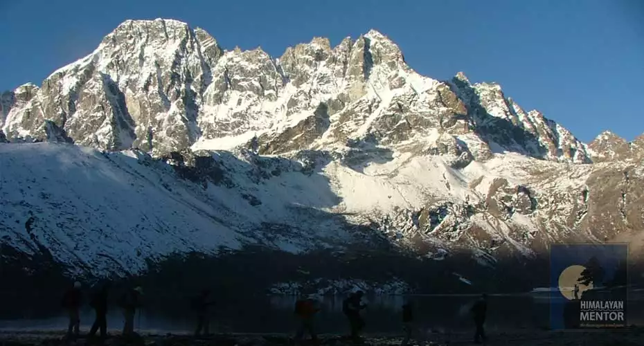 Trekkers are making their way and mighty Himalaya in the backdrop