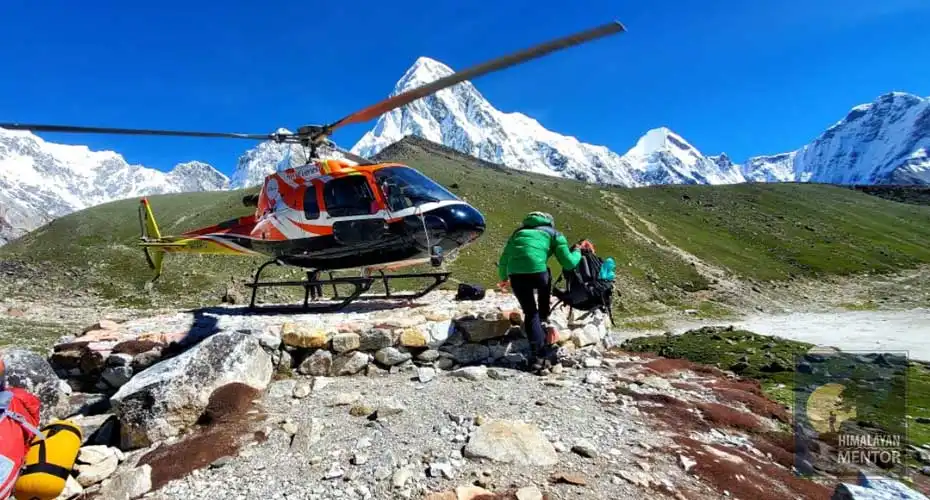 Helicopter ready to fly back to Kathmandu at Gorakshep