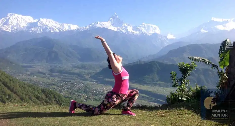 Yoga in front of Himalayan panorama in Pokhara